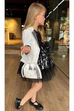 Kız Çocuk Yakası ve Bilekleri Pulpayet İşlemeli Çift Düğmeli Pudra Blazer Ceket