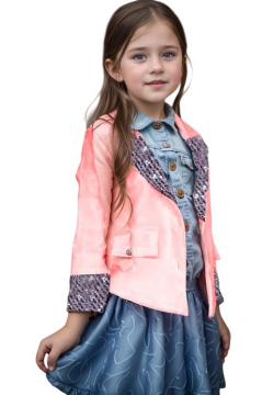 Kız Çocuk Yakası ve Bilekleri Pulpayet İşlemeli Çift Düğmeli Pudra Blazer Ceket