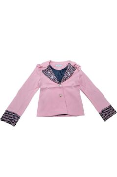 Kız Çocuk Yakası ve Bilekleri Pulpayet İşlemeli Çift Düğmeli Pudra Blazer Ceket