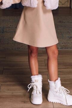 Kız Çocuk Yakası ve Kol Uçları Peluş Detaylı Ceket Kalın Asklı Süet Kolsuz Bej Elbise