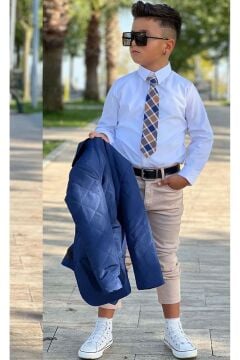 Erkek Çocuk Klasik Gömlek Kravatlı Kapitone Mavi Mont Slim Pantolon Kesim Pantolon Alt Üst Takım