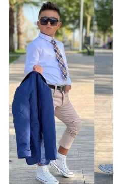 Erkek Çocuk Klasik Gömlek Kravatlı Kapitone Mavi Mont Slim Pantolon Kesim Pantolon Alt Üst Takım