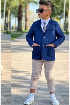 Erkek Çocuk Klasik Gömlek Kravatlı Kapitone Mavi Mont Slim Pantolon Kesim Pantolon Alt Üst Takım