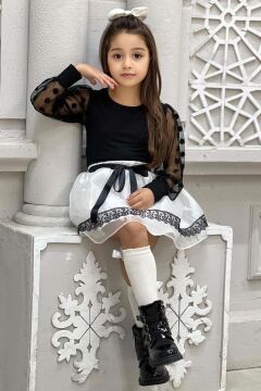 Kız Çocuk Kolları Puantiye ve Şeffaf Tül Detaylı Siyah Kazak Üzeri Güpür Tüllü Saten Etekli Takım