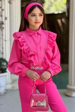 Kız Çocuk Omuzdan Taş ve Fırfırlı Gömlek Beli Taş İşlemeli İspanyol Paça Fuchsia Alt Üst Takım