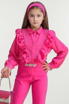 Kız Çocuk Omuzdan Taş ve Fırfırlı Gömlek Beli Taş İşlemeli İspanyol Paça Fuchsia Alt Üst Takım