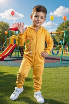 Erkek Bebek Orange Yazı ve Arkasında Portakal İşlemeli Fermuarlı Turuncu Tulum