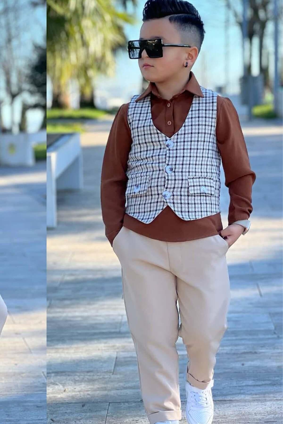 Erkek Çocuk Çizgili Cepken ve Gömlek Yaka Kahverengi Bluz Alt Üst Takım