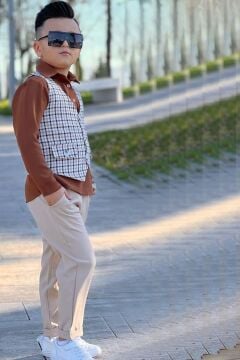 Erkek Çocuk Çizgili Cepken ve Gömlek Yaka Kahverengi Bluz Alt Üst Takım