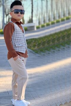 Erkek Çocuk Çizgili Cepken ve Gömlek Yaka Kahverengi Bluz Alt Üst Takım