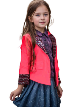 Kız Çocuk Yakası ve Bilekleri Pulpayet İşlemeli Çift Düğmeli Kırmızı Blazer Ceket