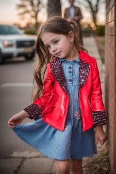 Kız Çocuk Yakası ve Bilekleri Pulpayet İşlemeli Çift Düğmeli Kırmızı Blazer Ceket