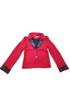 Kız Çocuk Yakası ve Bilekleri Pulpayet İşlemeli Çift Düğmeli Kırmızı Blazer Ceket