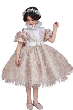 Kız Çocuk Palyaço Yaka Düşük Omuzlu Balon Kollu Eteği Kırçıllı V Kesim Detaylı Pudra Abiye