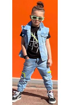 Erkek Çocuk Sırt Baskılı Sıfır Kol Jean Ceket Xox Detaylı T-shirt Jean Alt Üst Takım