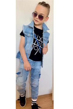 Erkek Çocuk Sırt Baskılı Sıfır Kol Jean Ceket Xox Detaylı T-shirt Jean Alt Üst Takım