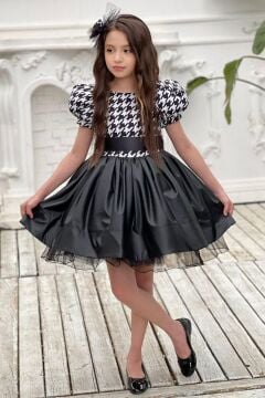 Kız Çocuk Balon Kollu Kazayağı Desenli Deri Etekli Tül Detaylı Siyah Elbise 2-12 Yaş