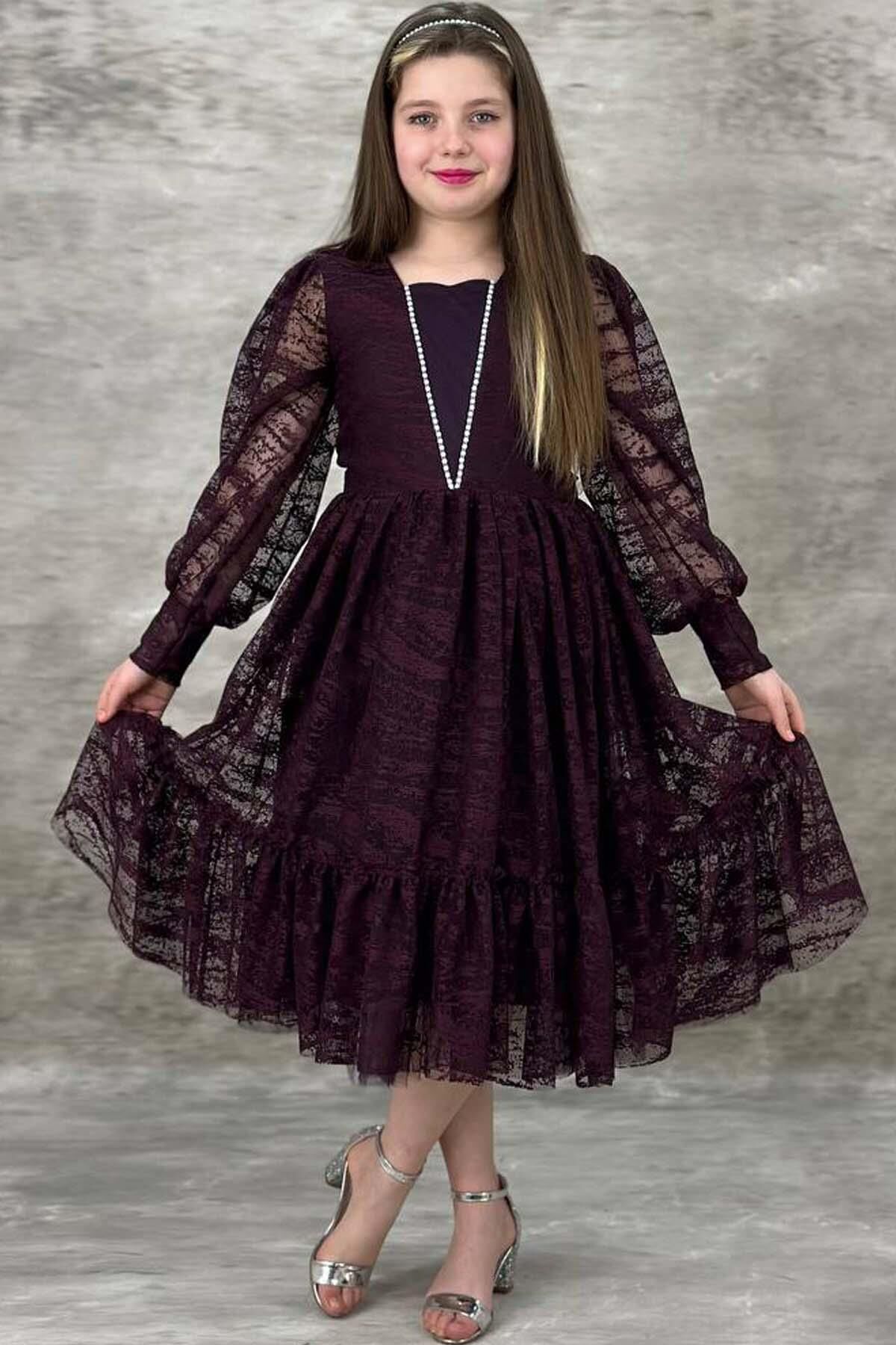 Kız Çocuk Kolları Transparan Yakası İnci Boncuklu Etek Ucu Fırfırlı Mürdüm Abiye