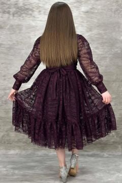 Kız Çocuk Kolları Transparan Yakası İnci Boncuklu Etek Ucu Fırfırlı Mürdüm Abiye