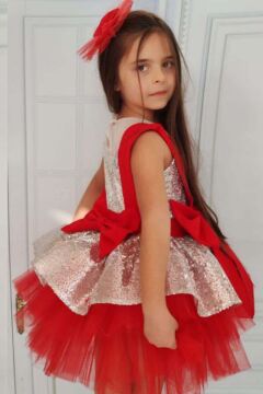 Kız Çocuk Önü ve Arkası Fiyonk Detaylı Üstü Pulpayet İşlemeli Etek Ucu Tüllü Gümüş Abiye