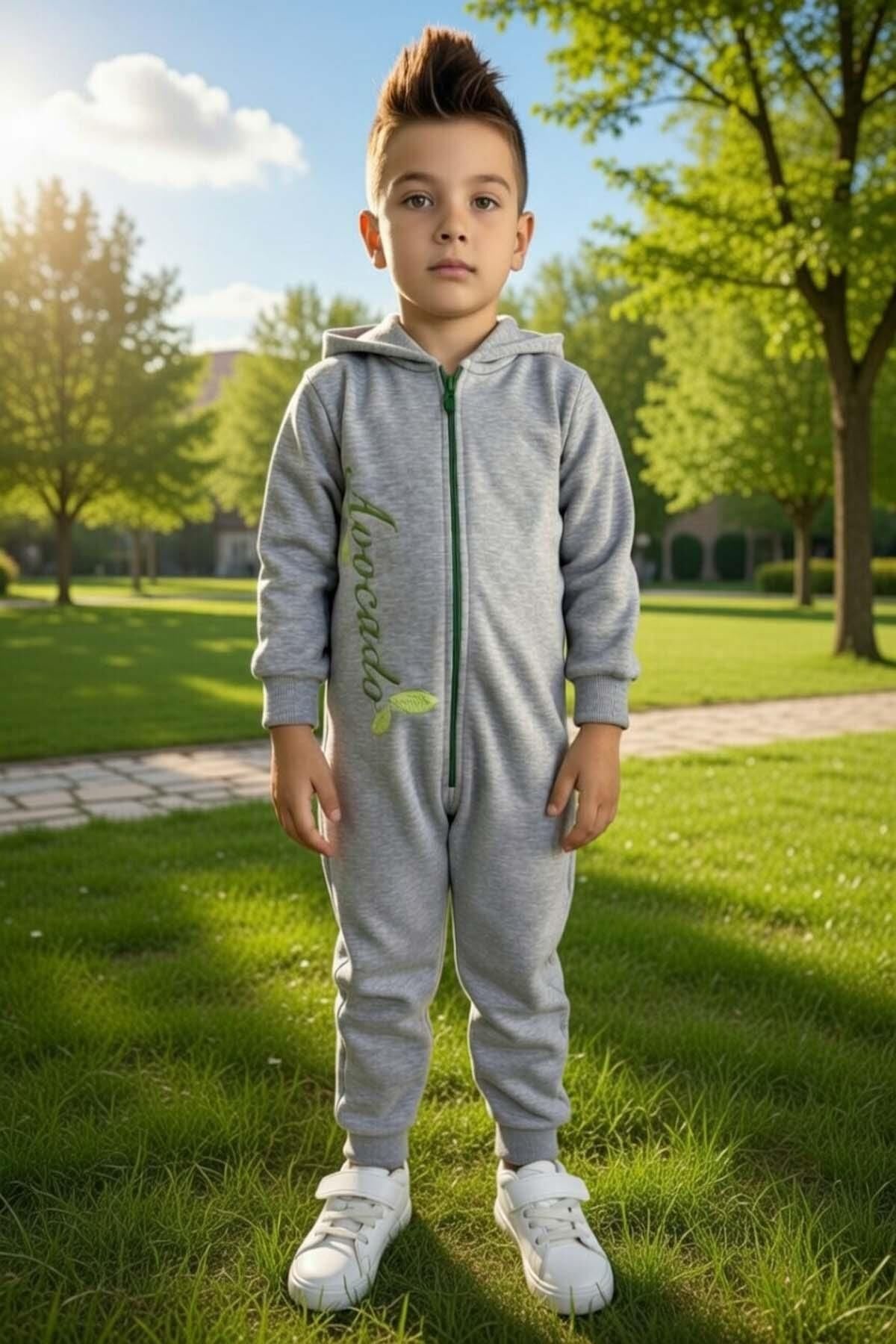 Erkek Bebek Avacado Yazı ve Arkasında Avakado İşlemeli Fermuarlı Gri Tulum