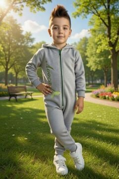 Erkek Bebek Avacado Yazı ve Arkasında Avakado İşlemeli Fermuarlı Gri Tulum