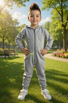 Erkek Bebek Avacado Yazı ve Arkasında Avakado İşlemeli Fermuarlı Gri Tulum