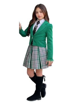 Kız Çocuk Blazer Ceket, Kravat Çizgili Yeşil Etekli Takım