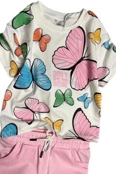 Kız Çocuk Üzeri Renkli Digital Kelebek Baskılı T-shirt Pembe Şortlu Takım