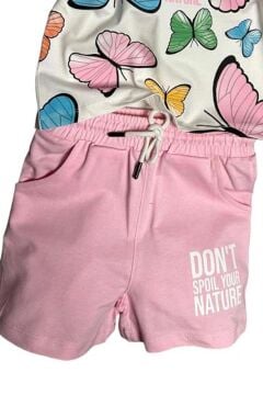 Kız Çocuk Üzeri Renkli Digital Kelebek Baskılı T-shirt Pembe Şortlu Takım
