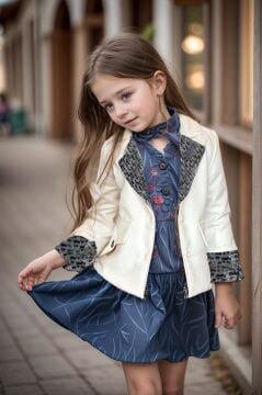 Kız Çocuk Yakası ve Bilekleri Pulpayet İşlemeli Çift Düğmeli Beyaz Blazer Ceket