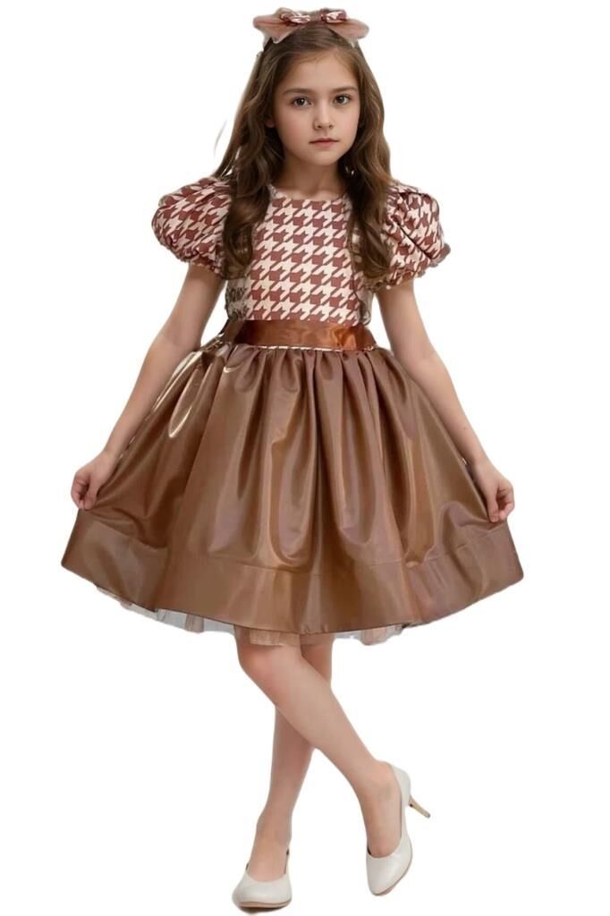 Kız Çocuk Balon Kollu Kazayağı Desenli Deri Etekli Tül Detaylı Taba Elbise