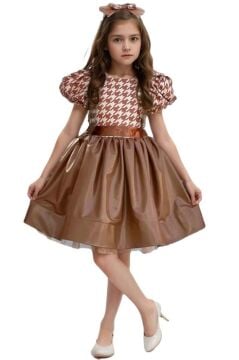 Kız Çocuk Balon Kollu Kazayağı Desenli Deri Etekli Tül Detaylı Taba Elbise