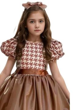 Kız Çocuk Balon Kollu Kazayağı Desenli Deri Etekli Tül Detaylı Taba Elbise