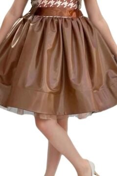 Kız Çocuk Balon Kollu Kazayağı Desenli Deri Etekli Tül Detaylı Taba Elbise