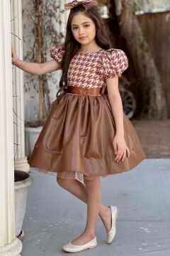 Kız Çocuk Balon Kollu Kazayağı Desenli Deri Etekli Tül Detaylı Taba Elbise