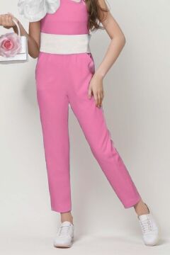 Kız Çocuk Tek Omuz Gül Detaylı Beli Kemerli Pembe Tulum