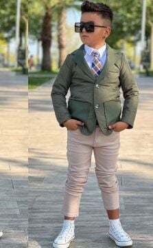 Erkek Çocuk Klasik Gömlek Kravatlı Kapitone Yeşil Mont Slim Pantolon Kesim Pantolon Alt Üst Takım