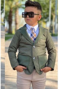 Erkek Çocuk Klasik Gömlek Kravatlı Kapitone Yeşil Mont Slim Pantolon Kesim Pantolon Alt Üst Takım