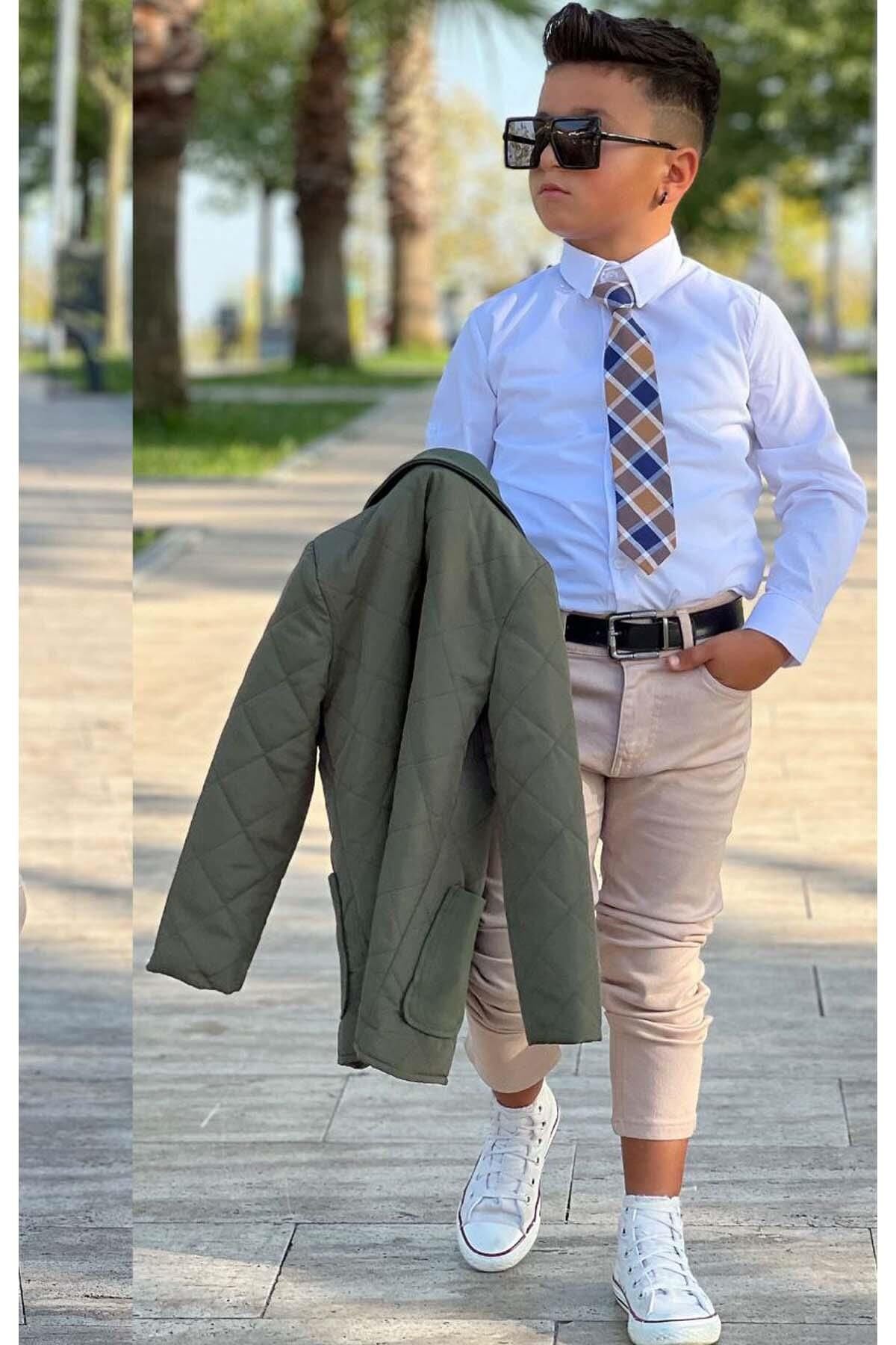 Erkek Çocuk Klasik Gömlek Kravatlı Kapitone Yeşil Mont Slim Pantolon Kesim Pantolon Alt Üst Takım