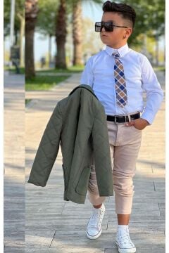 Erkek Çocuk Klasik Gömlek Kravatlı Kapitone Yeşil Mont Slim Pantolon Kesim Pantolon Alt Üst Takım