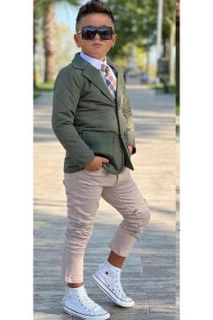 Erkek Çocuk Klasik Gömlek Kravatlı Kapitone Yeşil Mont Slim Pantolon Kesim Pantolon Alt Üst Takım