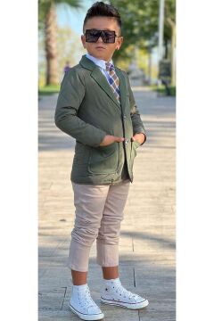 Erkek Çocuk Klasik Gömlek Kravatlı Kapitone Yeşil Mont Slim Pantolon Kesim Pantolon Alt Üst Takım