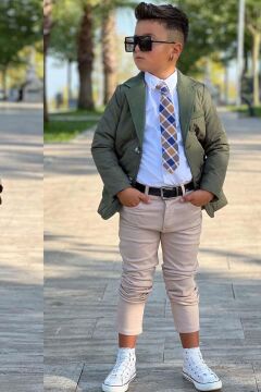 Erkek Çocuk Klasik Gömlek Kravatlı Kapitone Yeşil Mont Slim Pantolon Kesim Pantolon Alt Üst Takım