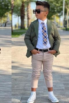 Erkek Çocuk Klasik Gömlek Kravatlı Kapitone Yeşil Mont Slim Pantolon Kesim Pantolon Alt Üst Takım