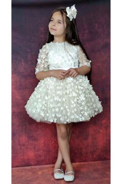 Kız Çocuk Kolları Şeffaf Tüllü ve Üzeri Papatya Motifli Beli Şerit Detaylı Krem Elbise