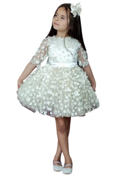 Kız Çocuk Kolları Şeffaf Tüllü ve Üzeri Papatya Motifli Beli Şerit Detaylı Krem Elbise