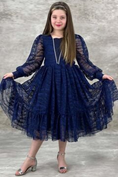 Kız Çocuk Kolları Transparan Yakası İnci Boncuklu Etek Ucu Fırfırlı Lacivert Abiye