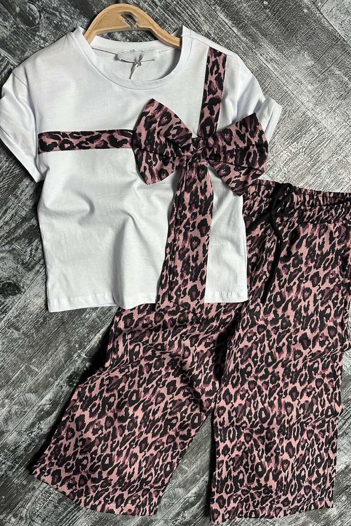 Kız Çocuk Leopar Desenli Fiyonk T-shirt Bol Kesim Leoparlı Keten Alt Üst Takım