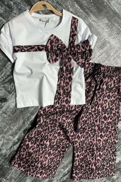 Kız Çocuk Leopar Desenli Fiyonk T-shirt Bol Kesim Leoparlı Keten Alt Üst Takım